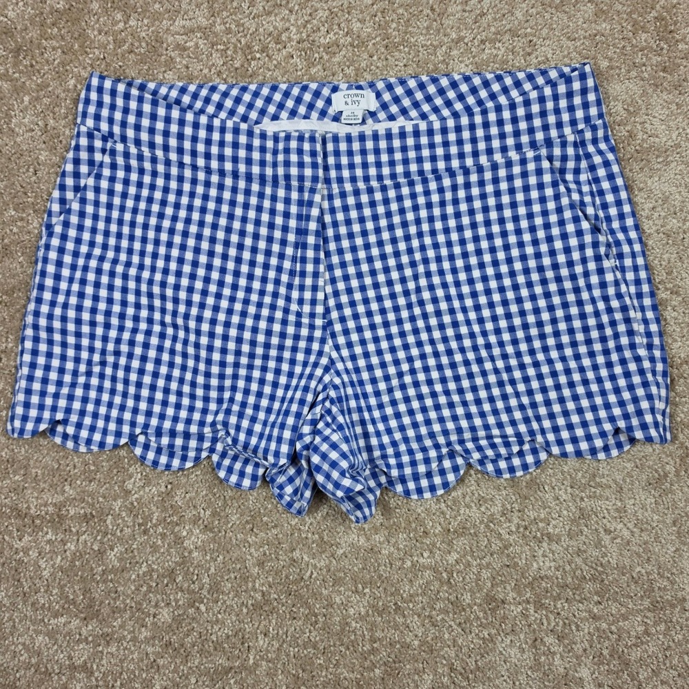 Crown & Ivy Shorts Blue White Gingham Scalloped Hem Shelby Preppy‎ 14